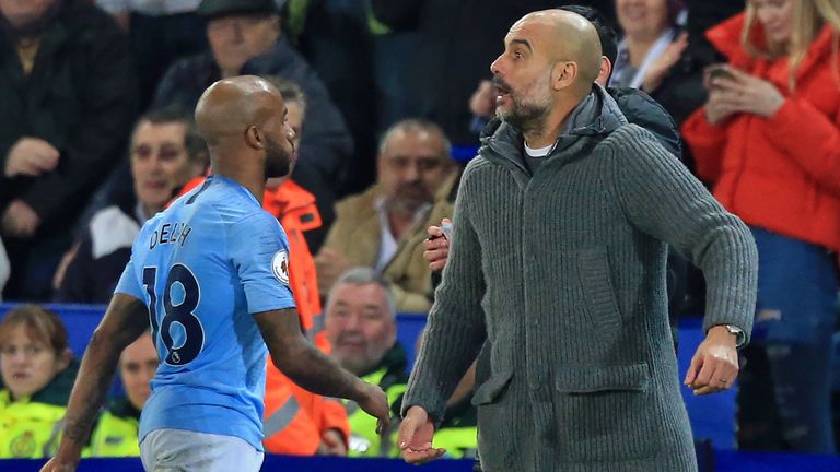 Fabian Delph leaves the pitch after being sent off during Manchester City's match with Leicester.