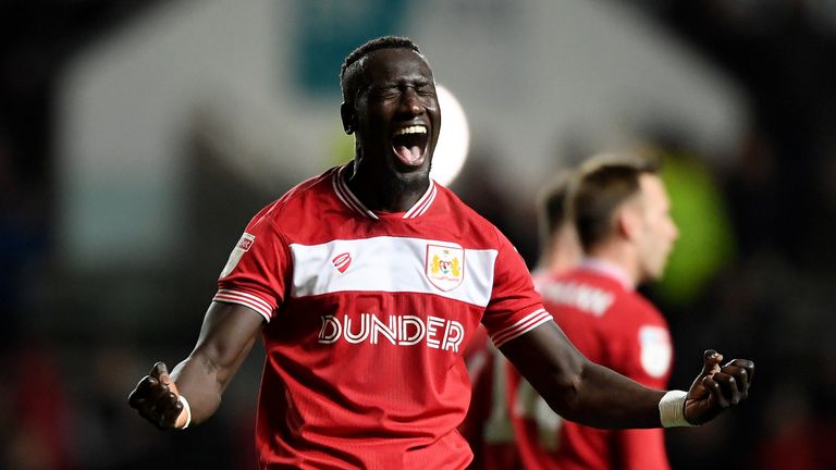 Famara Diedhiou celebrates scoring Bristol City's first goal