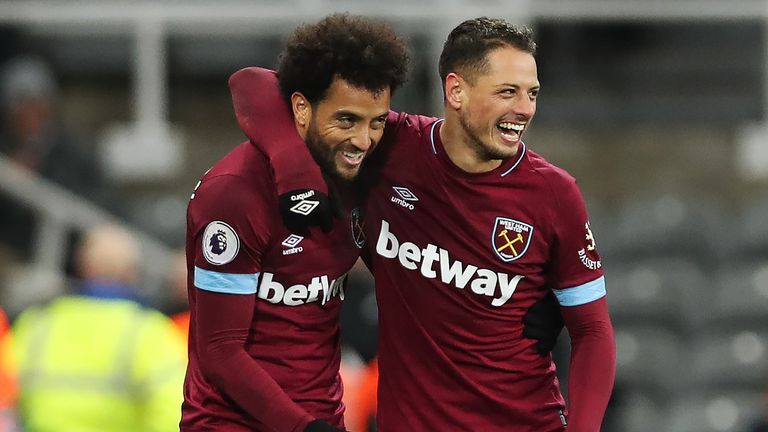 Felipe Anderson of West Ham United  celebrates after he scores his sides third goal during the Premier League match between Newcastle United and West Ham United.