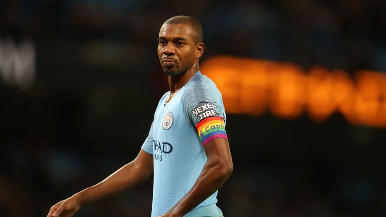 Fernandinho of Manchester City wearing a stonewall rainbow captains armband during the Premier League match between Manchester City and AFC Bournemouth at Etihad Stadium on December 1, 2018 in Manchester, United Kingdom
