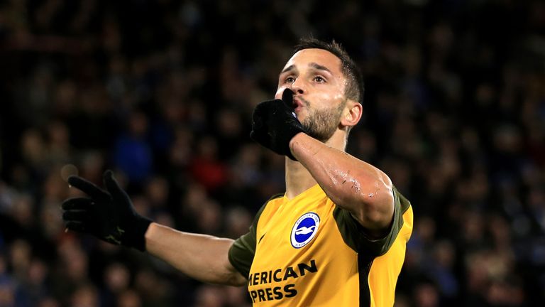 Florin Andone of Brighton and Hove Albion celebrates after scoring his team's second goal during the Premier League match between Huddersfield Town and Brighton & Hove Albion at John Smith's Stadium on December 1, 2018 in Huddersfield, United Kingdom.