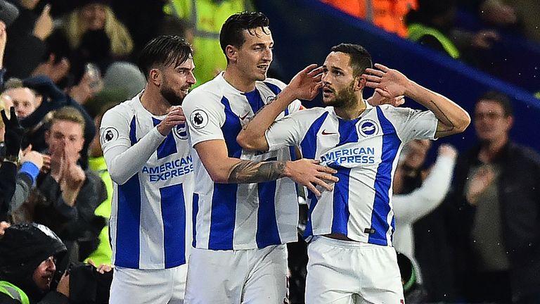 Substitute Florin Andone (R) celebrates scoring Brighton&#39;s third goal