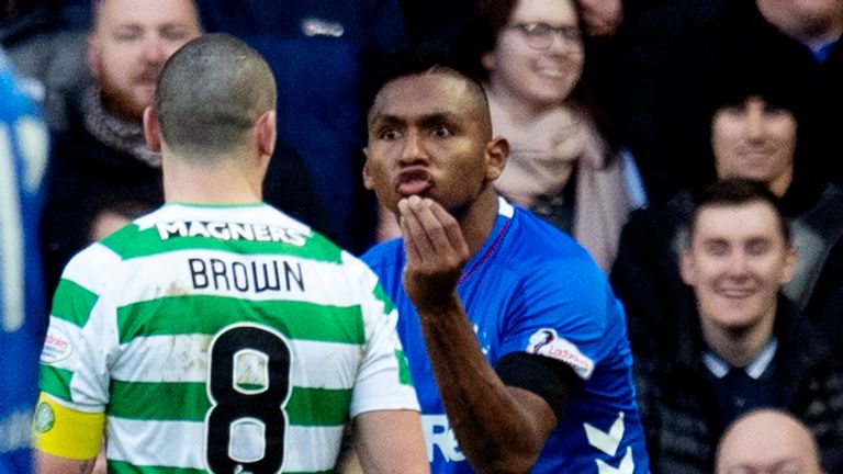 Rangers striker Alfredo Morelos exchanges words with Celtic captain Scott Brown