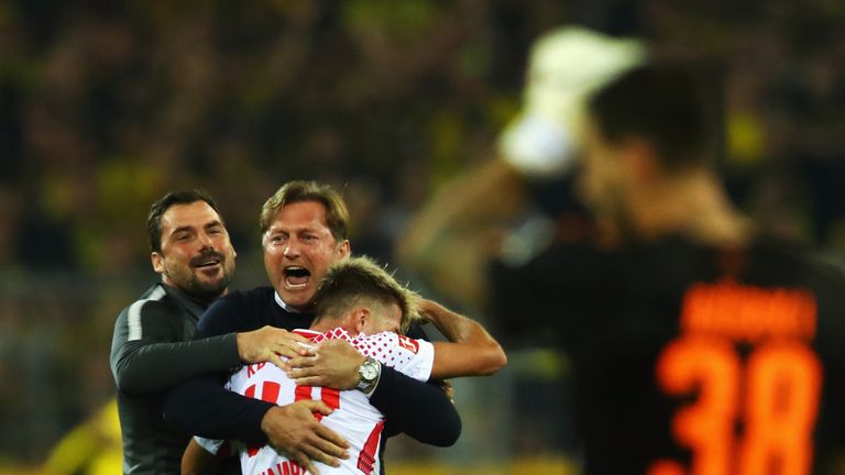 Ralph Hasenhuttl celebrates a victory over Borussia Dortmund