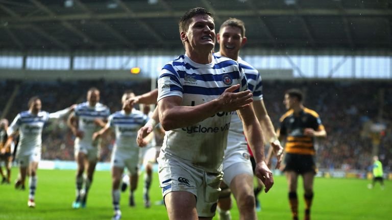Freddie Burns of Bath celebrates after scoring the first try during the Gallagher Premiership Rugby match between Wasps and Bath Rugby at Ricoh Arena on December 23, 2018 in Coventry, United Kingdom.