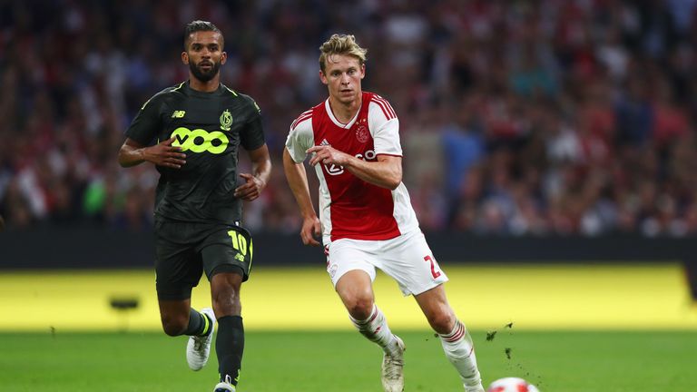 Frenkie De Jong during the UEFA Champions League third round qualifying match between Ajax and Royal Standard de Liege at Johan Cruyff Arena on August 14, 2018 in Amsterdam, Netherlands.