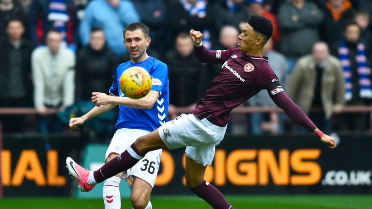 Rangers&#39; Gareth Mcauley and Hearts&#39; Sean Clare in action