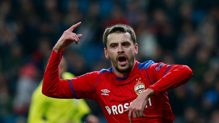 Georgi Schennikov of CSKA Moscow celebrates after scoring his team's second goal during the UEFA Champions League Group G match between Real Madrid and CSKA Moscow at Bernabeu on December 12, 2018 in Madrid, Spain