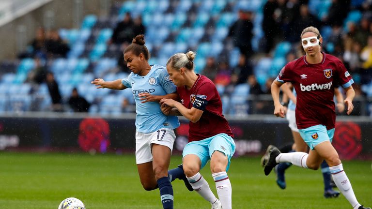 Manchester City's Nikita Parris (left) and West Ham United's Gilly Flaherty battle for the ball during the FA Women's Super League match The Academy Stadium, Manchester, 14 October 2018