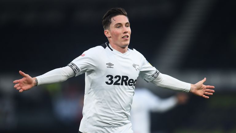  Harry Wilson of Derby County celebrates as he scores the first goal of the game during the Sky Bet Championship between Derby County and Swansea City