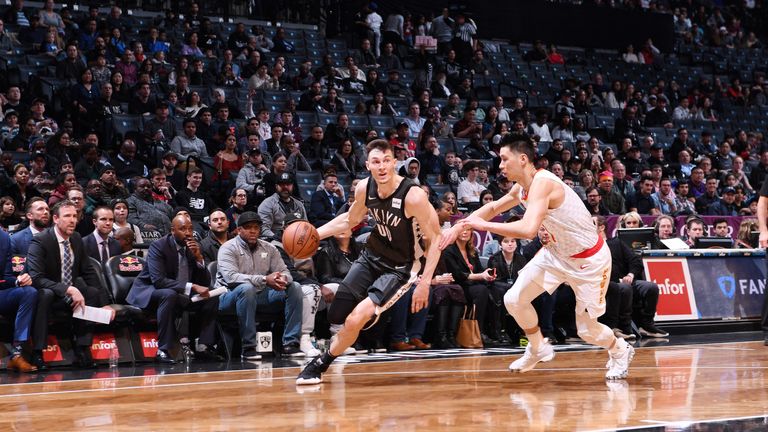 BROOKLYN, NY - DECEMBER 16: Rodions Kurucs #00 of the Brooklyn Nets drives to the basket against the Atlanta Hawks on December 16, 2018 at Barclays Center in Brooklyn, New York. NOTE TO USER: User expressly acknowledges and agrees that, by downloading and or using this Photograph, user is consenting to the terms and conditions of the Getty Images License Agreement. Mandatory Copyright Notice: Copyright 2018 NBAE (Photo by Matteo Marchi/NBAE via Getty Images)