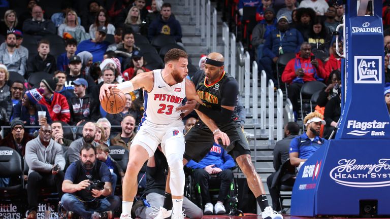 DETROIT, MI - DECEMBER 23: Blake Griffin #23 of the Detroit Pistons posts up against Vince Carter #15 of the Atlanta Hawks on December 23, 2018 at the Little Caesars Arena in Detroit, Michigan. NOTE TO USER: User expressly acknowledges and agrees that, by downloading and or using this photograph, User is consenting to the terms and conditions of the Getty Images License Agreement. Mandatory Copyright Notice: Copyright 2018 NBAE (Photo by Brian Sevald/NBAE via Getty Images)