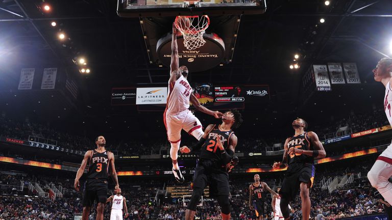 Bam Adebayo of the Miami Heat hits a slam dunk against the Phoenix Suns