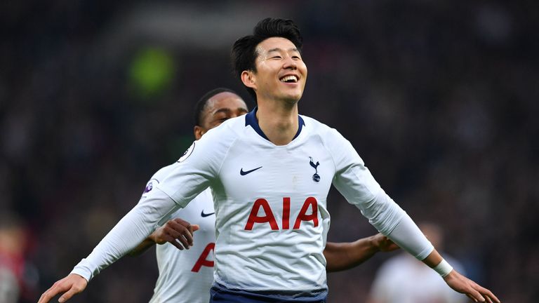 Heung-min Son celebrates scoring Tottenham's second goal
