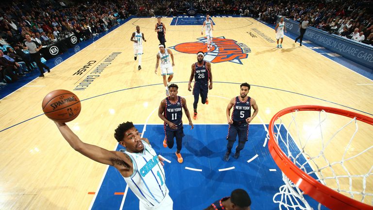 NEW YORK, NY - DECEMBER 9: Malik Monk #1 of the Charlotte Hornets dunks the ball against the New York Knicks on December 9, 2018 at Madison Square Garden in New York City, New York.  NOTE TO USER: User expressly acknowledges and agrees that, by downloading and or using this photograph, User is consenting to the terms and conditions of the Getty Images License Agreement. Mandatory Copyright Notice: Copyright 2018 NBAE  (Photo by Nathaniel S. Butler/NBAE via Getty Images)