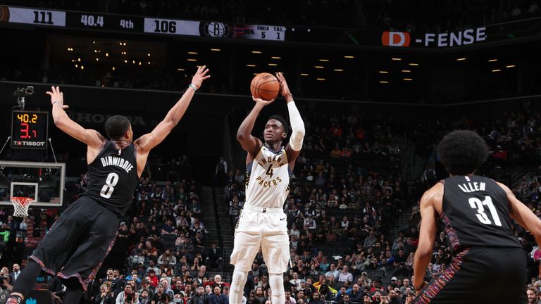 BROOKLYN, NY - DECEMBER 21:  Victor Oladipo #4 of the Indiana Pacers shoots the ball against the Brooklyn Nets on December 21, 2018 at Barclays Center in Brooklyn, New York. NOTE TO USER: User expressly acknowledges and agrees that, by downloading and or using this Photograph, user is consenting to the terms and conditions of the Getty Images License Agreement. Mandatory Copyright Notice: Copyright 2018 NBAE (Photo by Nathaniel S. Butler/NBAE via Getty Images)