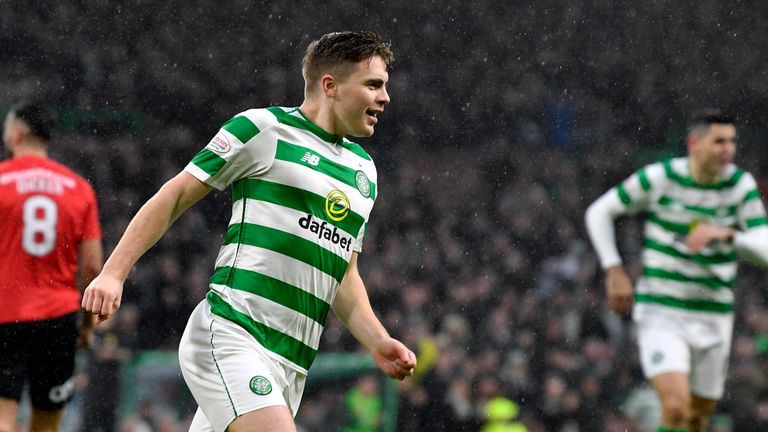 James Forrest turns away to celebrate his opener for Celtic