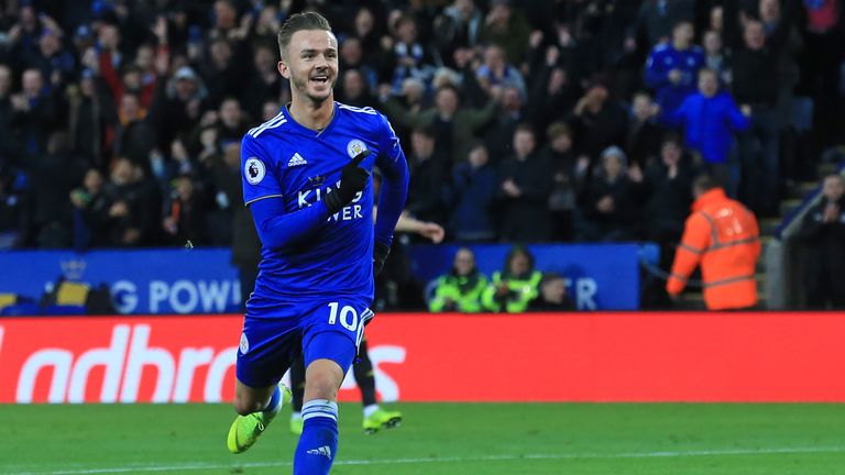 James Maddison celebrates after scoring Leicester's second goal