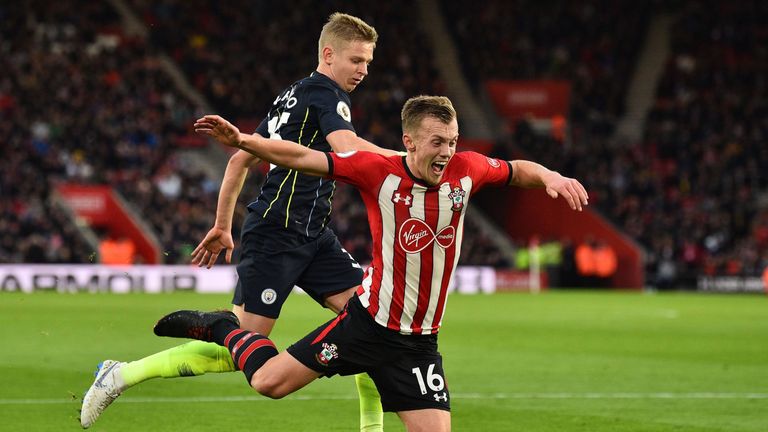 James Ward-Prowse goes down under a challenge from Oleksandr Zinchenko