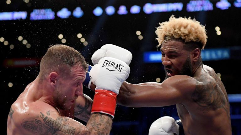 Jarrett Hurd punches Jason Welborn to a third round knockout during the WBA-IBF-IBO Junior Middleweight Champioinship at Staples Center on December 1, 2018 in Los Angeles, California.  (Photo by Harry How/Getty Images)