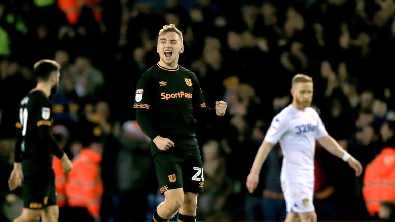 Hull City's Jarrod Bowen celebrates his sides victory at the end of the game during the Sky Bet Championship match at Elland Road, Leeds. PRESS ASSOCIATION Photo. Picture date: Saturday December 29, 2018. See PA story SOCCER Leeds. Photo credit should read: Clint Hughes/PA Wire. RESTRICTIONS: EDITORIAL USE ONLY No use with unauthorised audio, video, data, fixture lists, club/league logos or "live" services. Online in-match use limited to 120 images, no video emulation. No use in betting, games or single club/league/player publications.