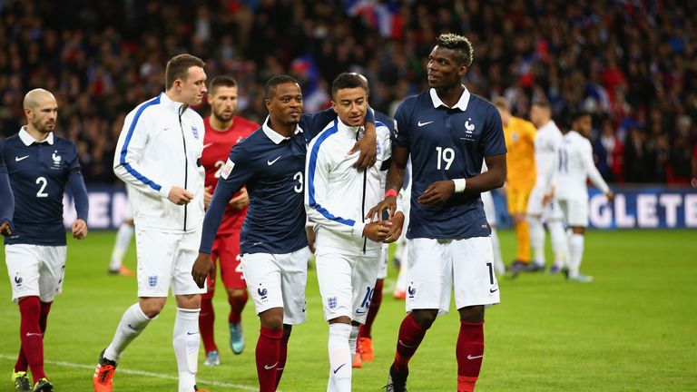 Lingard with former United team-mates Patrice Evra and Paul Pogba