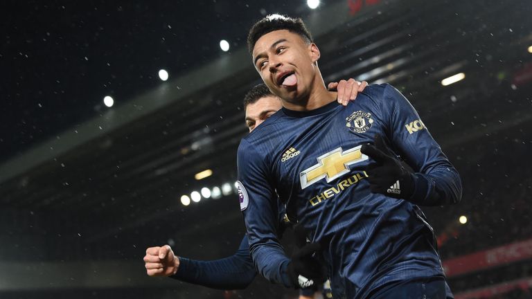 Jesse Lingard celebrates his equaliser for Manchester United against Liverpool