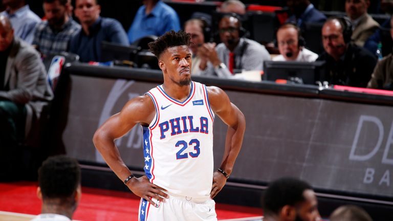 DETROIT, MI - DECEMBER 7: Jimmy Butler #23 of the Philadelphia 76ers looks on during the game against the Detroit Pistons on December 7, 2018 at Little Caesars Arena in Detroit, Michigan. NOTE TO USER: User expressly acknowledges and agrees that, by downloading and/or using this photograph, User is consenting to the terms and conditions of the Getty Images License Agreement. Mandatory Copyright Notice: Copyright 2018 NBAE (Photo by Brian Sevald/NBAE via Getty Images)