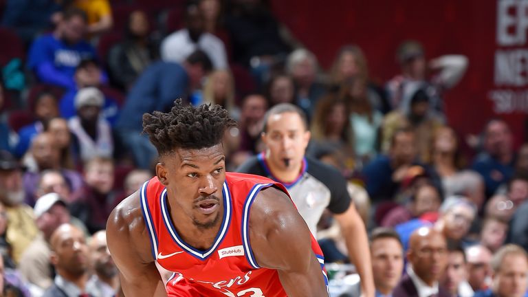 Jimmy Butler #23 of the Philadelphia 76ers handles the ball against the Cleveland Cavaliers on December 16, 2018 at Quicken Loans Arena in Cleveland, Ohio.