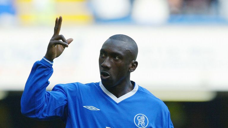 Jimmy Floyd Hasselbaink of Chelsea celebrates scoring their second goal during the FA Barclaycard Premiership match between Chelsea and Blackburn Rovers at Stamford Bridge on August 30, 2003 in London.