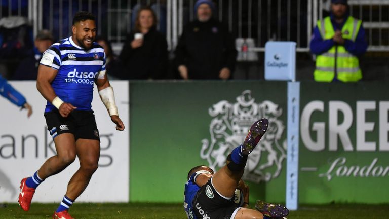 Joe Cokanasiga of Bath gathers the ball to scores his side's first try during the Gallagher Premiership Rugby match between Bath Rugby and Sale Sharks at the Recreation Ground on December 02, 2018 in Bath, United Kingdom.
