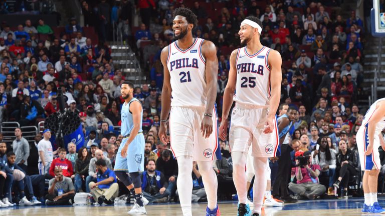 Joel Embiid #21 and Ben Simmons #25 of the Philadelphia 76ers looks on against the Memphis Grizzlies on December 2, 2018 at the Wells Fargo Center in Philadelphia, Pennsylvania