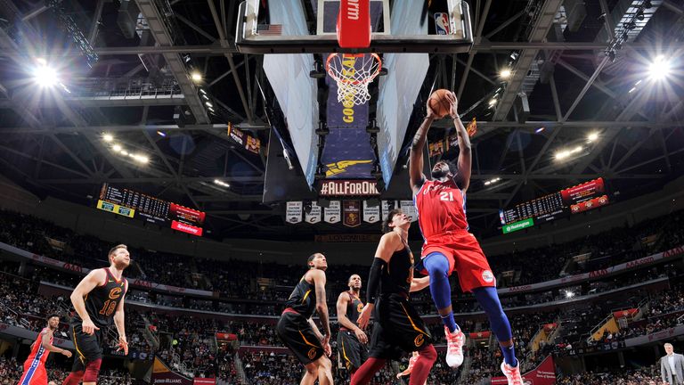 Joel Embiid #21 of the Philadelphia 76ers attacks the basket against the Cleveland Cavaliers on December 16, 2018 at Quicken Loans Arena in Cleveland, Ohio.