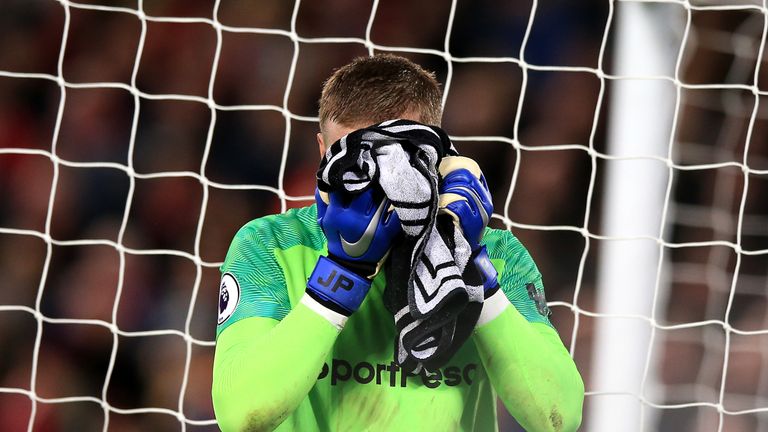 Everton goalkeeper Jordan Pickford reacts during the Premier League match at Anfield, Liverpool                                                                                                                                                                                                                                                                                                                                                                                   