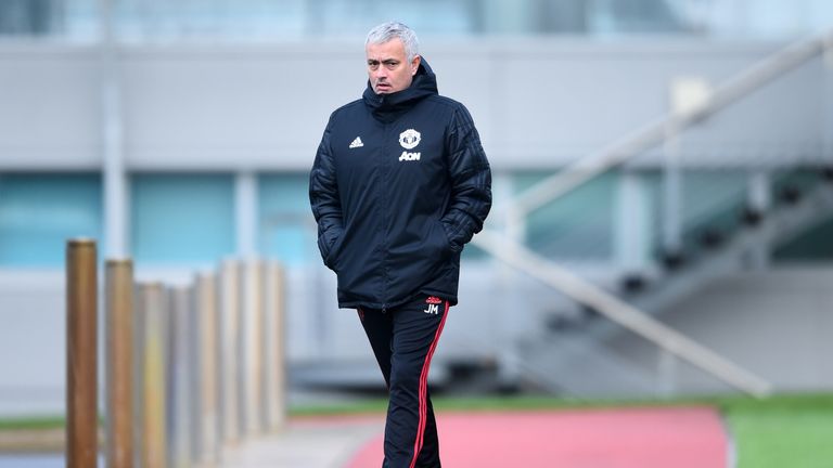 Jose Mourinho during a training session ahead of Manchester United&#39;s UEFA Champions League, Group H match against Valencia