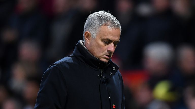 Jose Mourinho during the Premier League match between Manchester United and Everton at Old Trafford on October 28, 2018