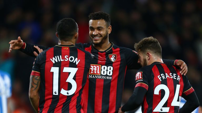 Bournemouth's Josh King, Callum Wilson and Ryan Fraser celebrate after going 2-0 up