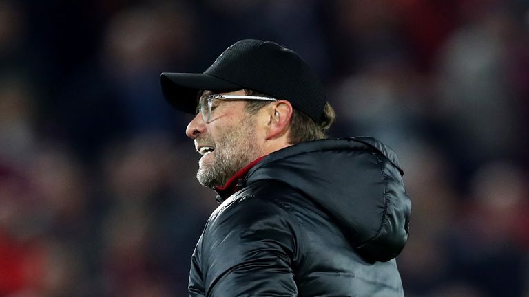 Jurgen Klopp, Manager of Liverpool celebrates after the Premier League match between Liverpool FC and Everton FC at Anfield on December 2, 2018 in Liverpool, United Kingdom.