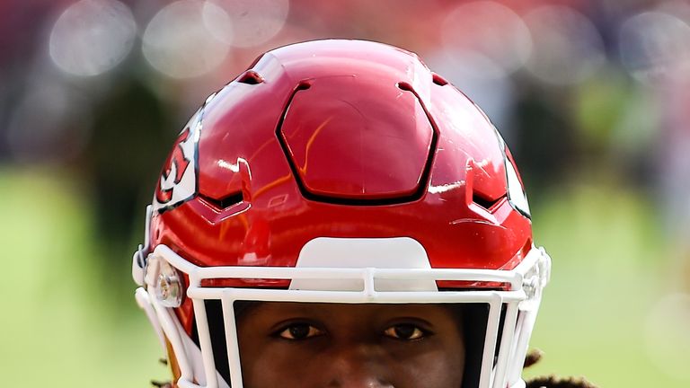 Kareem Hunt #27 of the Kansas City Chiefs prepares to make a block during pre game drills prior to the game against the Arizona Cardinals at Arrowhead Stadium on November 11, 2018 in Kansas City, Missouri.