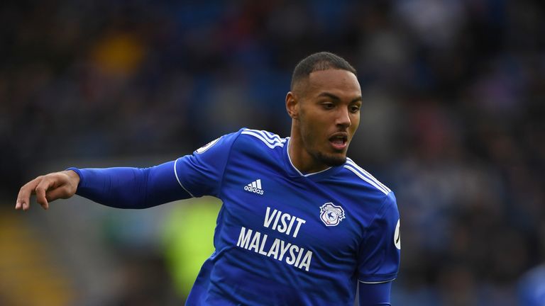 Cardiff player Kenneth Zohore in action during the Premier League match between Cardiff City and Burnley FC at Cardiff City Stadium on September 30, 2018 in Cardiff, United Kingdom.
