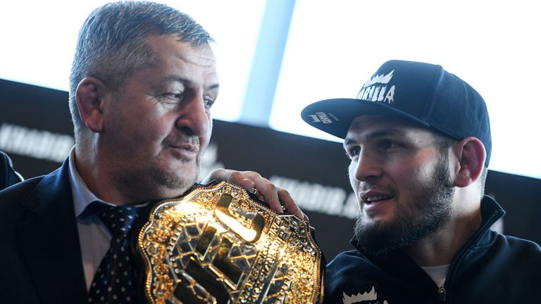 Abdulmanap Nurmagomedov (left) believes his son can beat Floyd Mayweather 