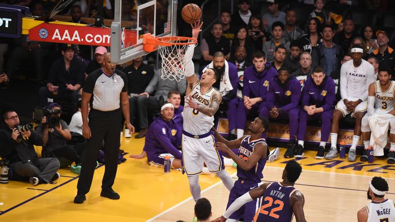 Kyle Kuzma #0 of the Los Angeles Lakers shoots the ball against the Phoenix Suns on December 2, 2018 at STAPLES Center in Los Angeles, California.