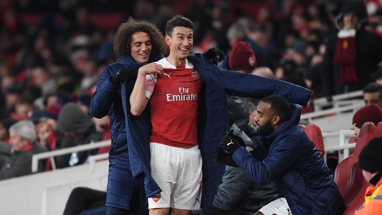 A smiling Laurent Koscielny shortly after being substituted against Qarabag