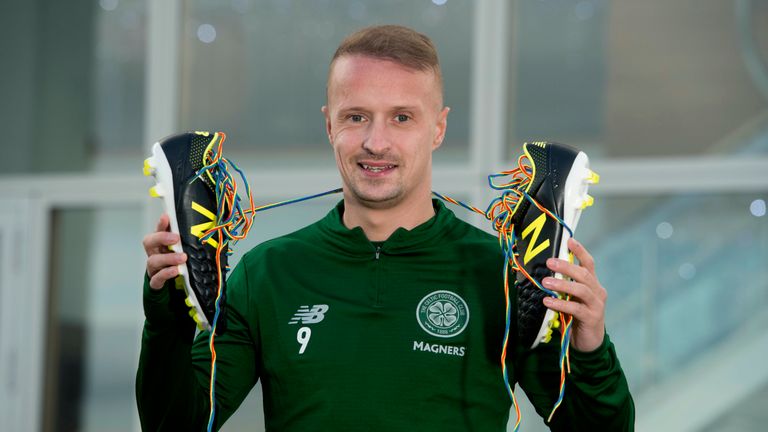 Celtic striker Leigh Griffiths shows his support for the rainbow laces campaign
