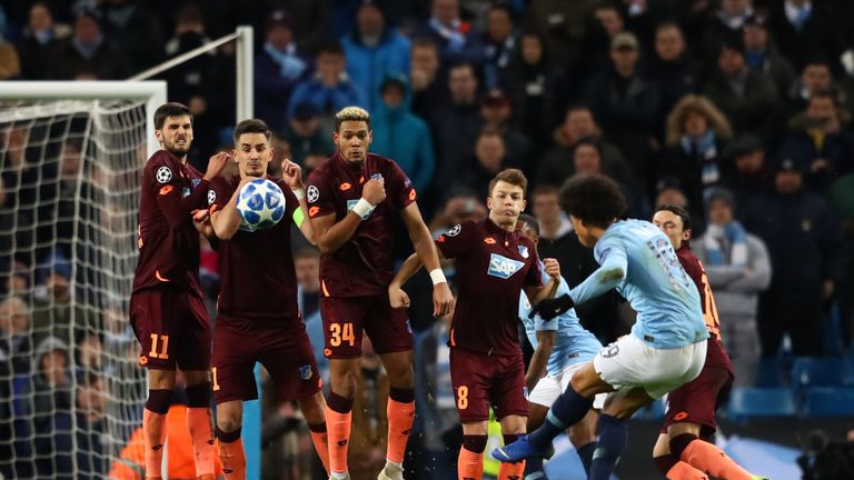 Leroy Sane of Manchester City scores his sides first goal during the UEFA Champions League Group F match between Manchester City and TSG 1899 Hoffenheim at Etihad Stadium on December 12, 2018 in Manchester, United Kingdom