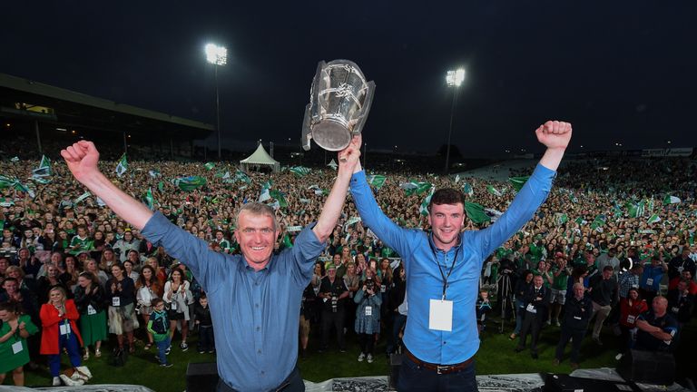 John Kiely and Declan Hannon celebrate at the homecoming