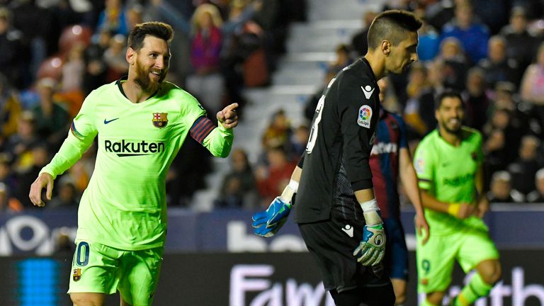 Lionel Messi scored a hat-trick as Barcelona thrashed Levante
