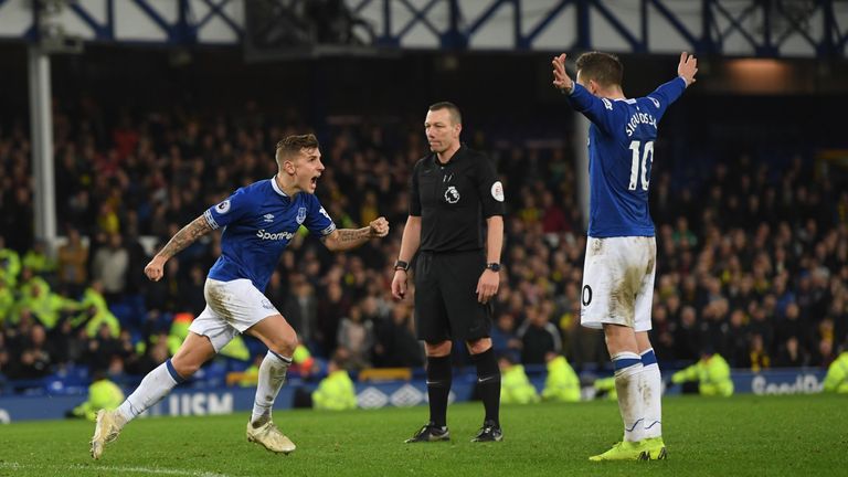 Lucas Digne celebrates after scoring a late free-kick against Watford