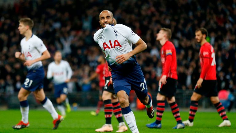 Lucas Moura celebrates after doubling Tottenham's lead