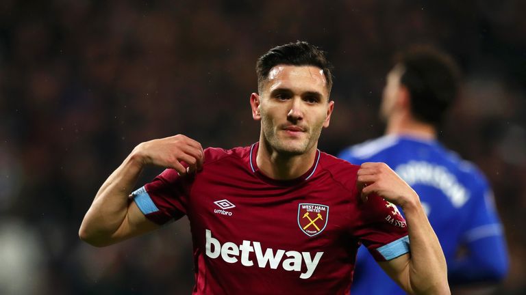 Lucas Perez celebrates scoring his and West Ham's second goal